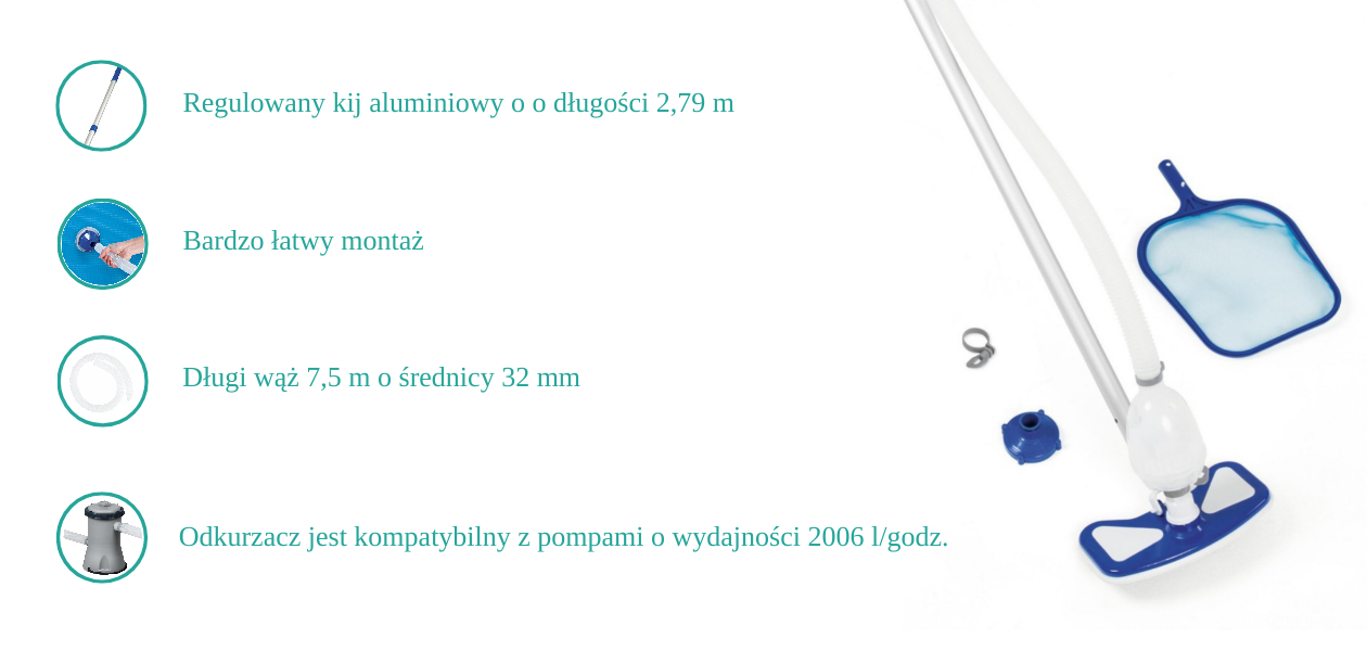 infografika z zaletami produktu Zestaw czyszczący do basenów Bestway 58234